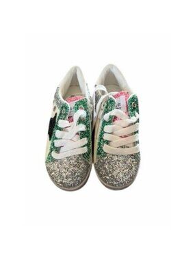 Lola and The Boys Star Silver Glitter Sneakers Size 12C With Green & Pink Accent